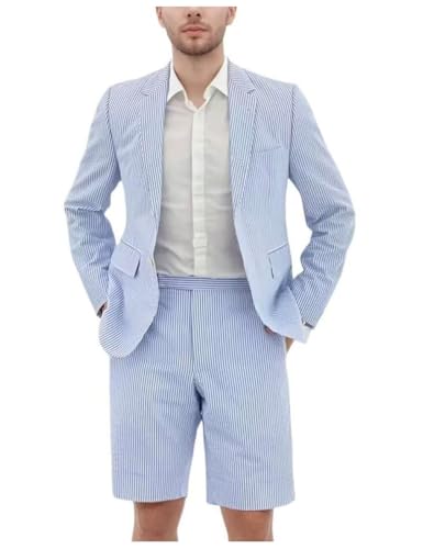 Seersucker Suit Mens Slim Jacket Shorts Set Casual 2 Piece Striped Suit Holiday Outfits for Summer Wedding Tuxedos