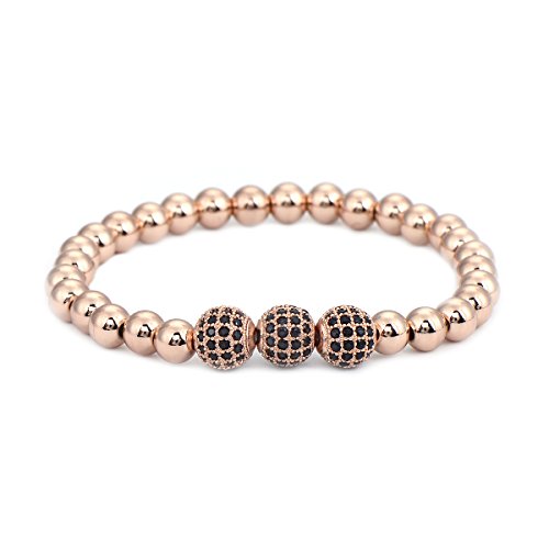 Pipitree 6mm Copper Beads CZ Crystal Stretch Bracele Elastic Strand Bracelet for Women (Rose Gold)