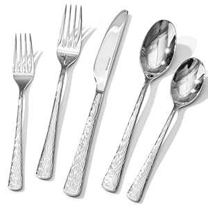 KINGSTONE Hammered Silverware Set, Flatware Set, 18/10 Stainless Steel Premium Cutlery with Unique Ripple Handles Design Mirror Polished - Dishwasher Safe (20-Piece) KINGSTONE Hammered Silverware Set Flatware Set 1810 Stainless Steel Premium Cutlery with Unique Ripple Handles Design Mirror Polished Dishwasher Safe 20 Piece