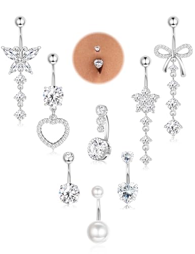 FIASASO 8 Pcs Belly Button Ring Dangle Hypoallergenic Surgical Stainless Steel Belly Rings for Women CZ Pearl Heart Butterfly Bow Flower Navel Piercing Jewelry Dangly Curved Navel Ring 14G silver 10mm