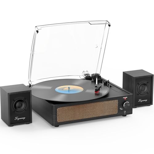 Tocadiscos con Altavoces pasivos de estantería, Tocadiscos Vintage para Discos de Vinilo y LP, Entrada Auxiliar inalámbrica para Auriculares de 3 velocidades y Parada automática.