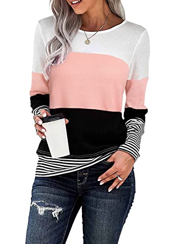 Dokotoo Womens Sweaters Fall Casual Color Block Sweater Crew Neck Long Sleeve Striped Tops Slim Waffle Knit Shirt Autumn Winter Spring,Us(4-6),Pink #TOP28