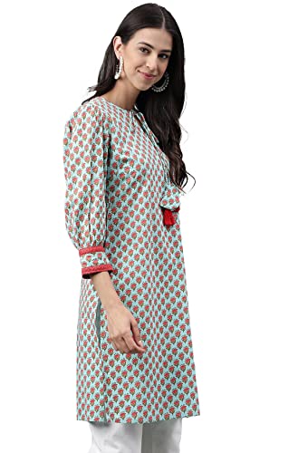 Image of Janasya Women's Light Green Cotton Floral Printed Regular Tunic
