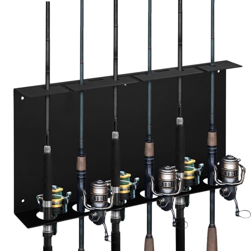 Soulchen Fishing Rod Holder Wall Mount for Garage Metal Fishing Pole Holder Rack Holds 5 Rods with Reel Slots Heavy Duty Iron Rod Storage Organizer for Wall Ceiling Indoor Outdoor 15.7 x 2(Black)