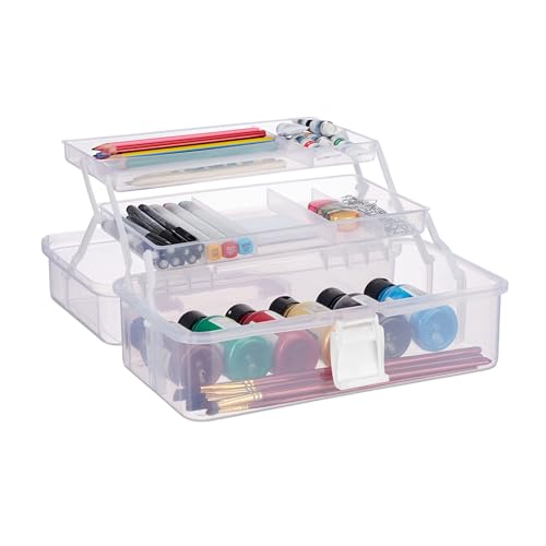 Image of Relaxdays Storage Box with 9 Compartments, Sorting for Craft & Art Supplies, Sewing Kit, 14.5 x 33 x 19 cm, Clear /White, 100% plastic