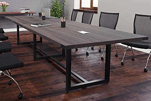8 Foot - 16 Foot Modern Conference Room Table With Metal Base & Metal Accents (16Ft W/ 2 Power Modules, Stone Gray W/Silver Metal) #TOP4