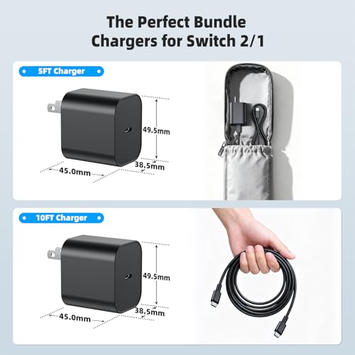 Image of (2 Pack) Switch 2 Charger with 5FT /10FT USB-C Cables, 60W PD3.0 Fast Charger for Nintendo Switch 2 /1 /OLED /Lite /Steam Deck, 4K TV Dock Ready AC Adapter, Works with USB-C Devices - Compact & Durable
