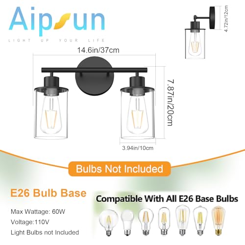 Image of Aipsun Black Vanity Light 2 Lights Farmhouse Bathroom Lights Fixtures Over Mirror with Clear Glass Shade(Exclude Bulb)