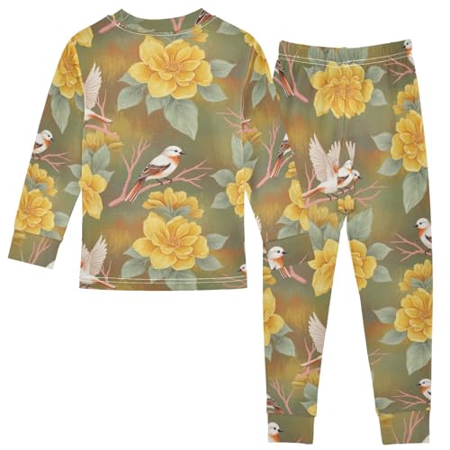 Pajama Sets Long Sleeve Birds Yellow Flowers Pattern Soft Comfy Sleepwear 2 Piece PJS 3-8T3