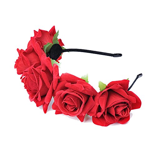 Ever Fairy Women Single Rose Flower Wreath Hoop Jewelry Hair Band Type Bridal Wreath Holder Hoop (Big Red)