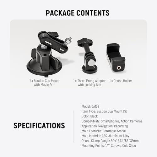 Image of NEEWER Suction Cup Phone Holder & Camera Mount Compatible With GoPro DJI Insta360 iPhone, Car Phone Mount with Action Camera Adapter 360 Magic Arm for POV Windshield Glass Vlog Video Recording, CA158
