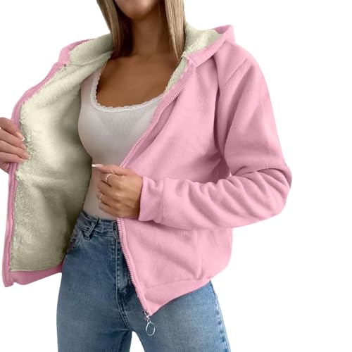 amropi Femmes Veste à Capuche Chaud Doublure Polaire Sweat-Shirt Hiver Zippée Manteaux Rose,M