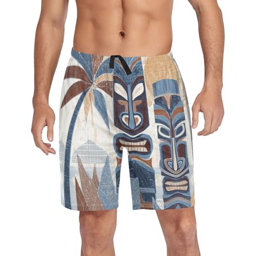 Men's Short Pajama Bottoms Tiki Masks Palm Tree Home Casual Sleep Pants Loose Fit Lightweight with Drawstring
