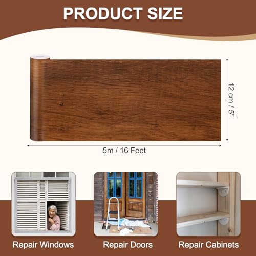 Image of MECCANIXITY Wood Grain Repair Tape, 5 Inch x 16 Feet Self Adhesive Wood Grain Tape Multi-Purpose Wallpaper Border Trim for Furniture Floors Windows Doors Tables Home, Light Brown