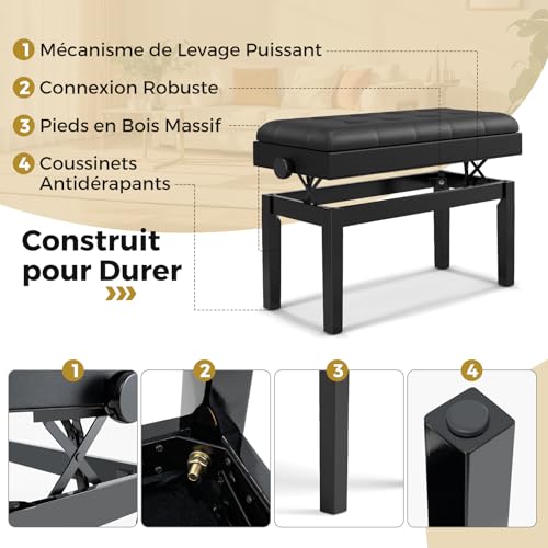 COSTWAY Tabouret Piano Réglable en Hauteur 48-58 cm, Banquette Piano avec Rangement, Siege Piano Double en Bois, Coussin Rembourré Imperméable, Banc de Piano, Charge Max. 200 kg, Noir - Les Beatles, Paul McCartney, John Lennon, RIngo Starr, George Harrison COSTWAY Tabouret Piano Réglable en Hauteur 48-58 cm, Banquette Piano avec Rangement, Siege Piano Double en Bois, Coussin Rembourré Imperméable, Banc de Piano, Charge Max. 200 kg, Noir – Image 8
