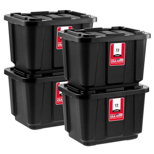Image of IRIS USA 4-Pack 12 Gallon Storage Bins with Lids |Made in USA| Heavy Duty Plastic Tote Containers for Truckbed Tool Box Organization, Large - Black