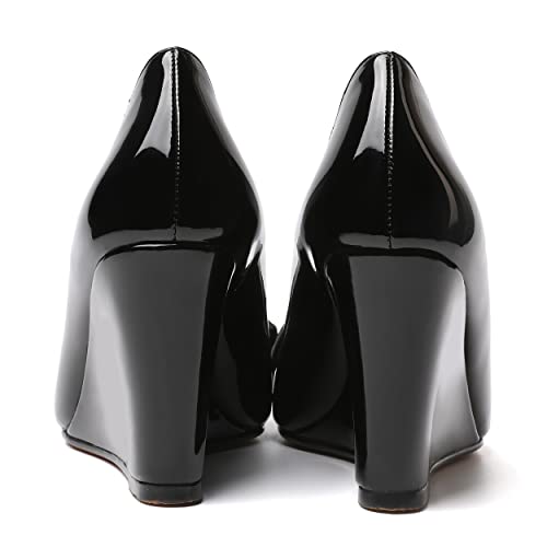 WAYDERNS Womens Slip On Casual Pointed Toe Solid Bow Dating Patent Wedge High Heel Pumps Shoes 3.3 Inch4