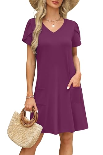 Image of OFEEFAN Womens Summer Dresses 2026 Tulip Petal Short Sleeve V Neck Loose Swing Sundresses with Pockets Plain /Print