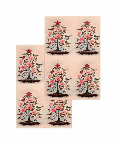 Hokiten Pink Christmas Waffle Kitchen Towels Dishcloths, Xmas Tree Birds Floral Botanical Absorbent Dish Towels | Hand Towels for Bathroom/Bar, 16 x 24 Inch, 2 Pcs