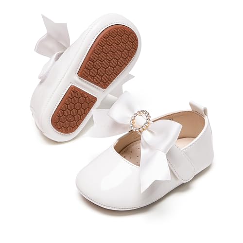 PHIRAMIN Baby Girls White Mary Jane Flats - Infant 6-9 Months Walking Shoes Soft Rubber Sole Princess Wedding