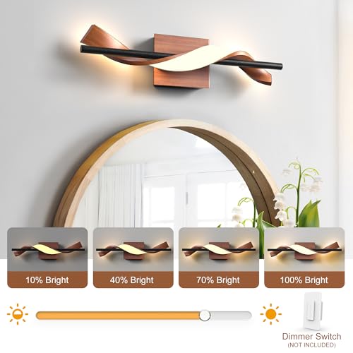 Image of Farmhouse LED Wall Sconce, 3000K Dimmable LED Bathroom Light Fixture, 17.9 inch Vanity Light Over Mirror, Wood Indoor Wall Lamp for Bedroom, Living Room