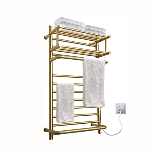 Towel Warmer, Heated Towel Warmer For Bathroom, Wall Mounted Hot Towel Racks With Top Shelf, Stainless Steel Heated Towel Drying Rack (Gold,Plug-In) #TOP13