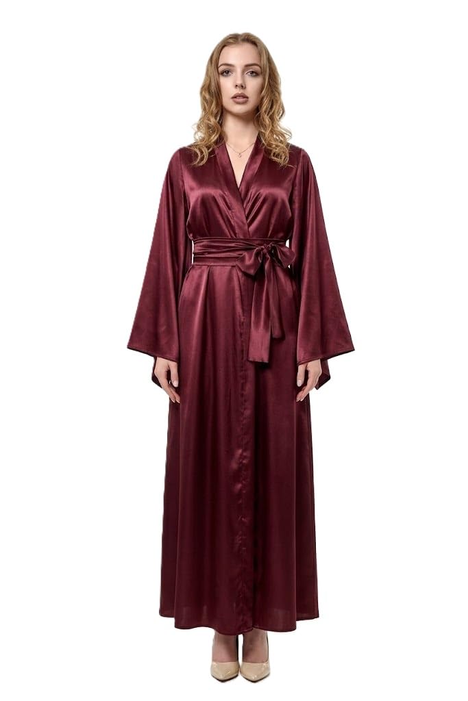 FOR YOU FOR ME Women's Satin Long Robe, Kimono Style, Belted Maxi Dressing Gown, Available in Blue, Black, and Burgundy (IN, Alpha, M, Regular, Maroon)-image-33