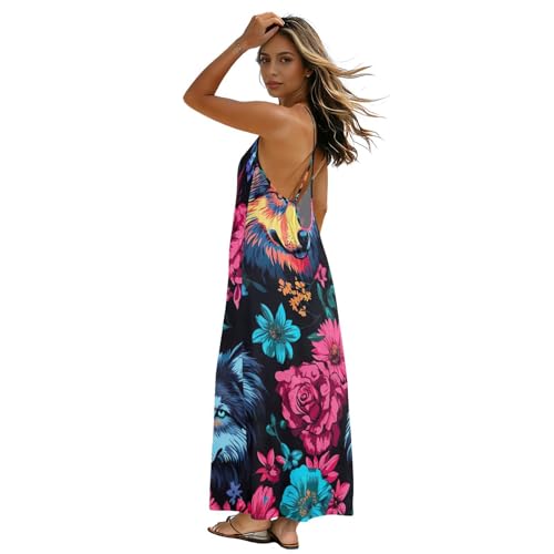 Robe d'été vintage fluide motif loup et fleurs style bohème chic