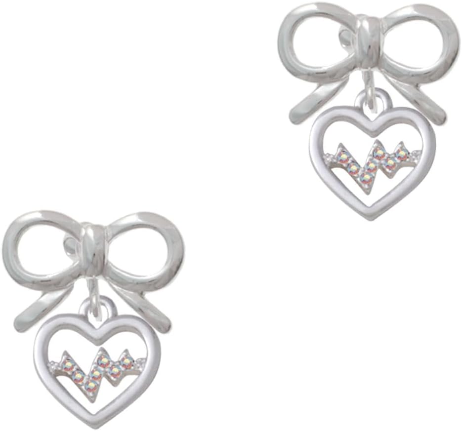 Delight Jewelry Silvertone Heart with Crystal Heartbeat Silvertone Bow Clip On Earrings