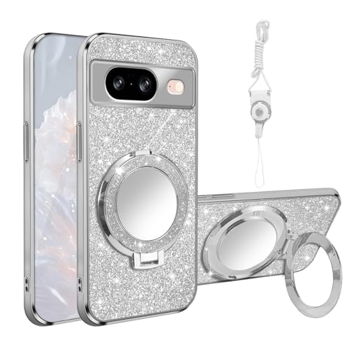 Coque Google Pixel 8 MagSafe transparente à paillettes avec cordon et support miroir