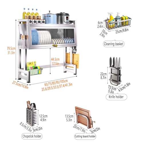 Genérico Escurreplatos de Acero Inoxidable de 2 Niveles con Tapa, Ahorra Espacio sobre el Fregadero, escurridor de Gran Capacidad con Puerta abatible para Platos y Cuencos (95 cm) - Organizador de co