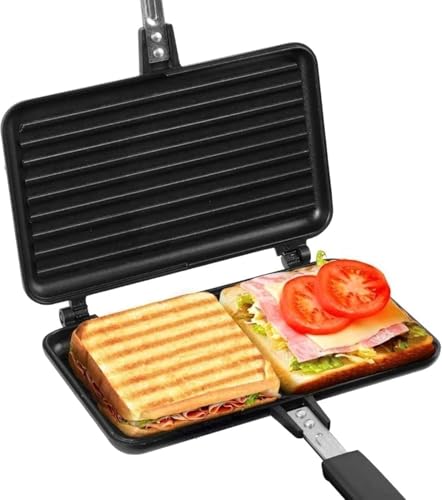 QINMOZH 家庭用 ホットサンドメーカー 直火 上下分離型 ダブル 焼き目 大型グリルパン 餃子焼き器 フッ素樹脂加工 お手入れ簡単 手軽 丸洗い 焦げ付きにくい キャンプ アウトドア (ブラック,A)