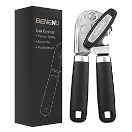 Beneno Heavy Duty Hand Can Opener Manual with Magnet, Durable Sharp Carbon Steel Blade Smooth Cutting, Big Effort-Saving Knob & Soft Grip Handle, Multifunctional Kitchen Tool with Bottle Opener, Black