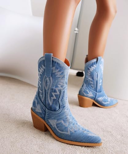 Image of Reitoye Cowboy Boots Women Knee High Cowgirl Embroidered Chunky Heel Boots | Block Chunky Heel,Pointed Toe,Half Side Zipper & Pull Tab,Embroidered Tall Boots,Fall Summer Spring Winter Dress Long Boots