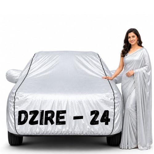 Image of Waterproof Car Body Cover for Dzire 2017-24 All Weather Protection Comes with Inner Cotton Lining & Triple Stitched with Mirror & Antenna Pocket Belt & Elastic Fit Metallic Silver with Black Piping2