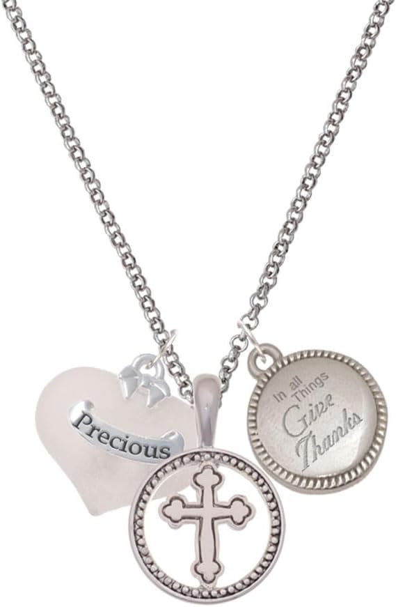 Delight Jewelry Heart with Baby Feet Silver-tone Give Thanks to God Cross Pendant Necklace, 23"
