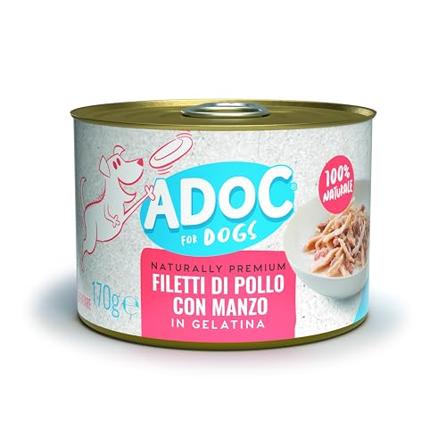 Adoc Naturally Premium, Alimento Umido Complementare per Cani, Filetti di Pollo con Manzo, 24 Lattine da 170 g, in Gelatina, Senza Conservanti e Coloranti