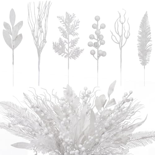 White 66 Pcs Christmas Glitter Picks and Sprays, Xmas Artificial ...