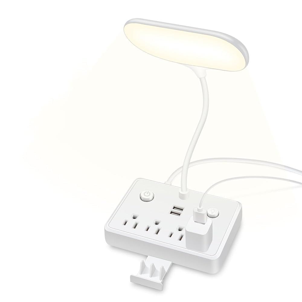 yikinb LED Desk Lamp with 2 USB Charging Port and 4 AC Power Outlet, Table Lamps 3 Lighting Modes, Eye-Caring Reading Lamp for Home Bedside Office