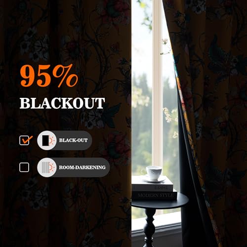 Image of MYSKY HOME Yellow Floral 95% Blackout Curtains 90 Inch Long Bedroom Black Out Thermal Insulated Noise Reducing Drapes Flower Printed Cottagecore Style Grommet Window Treatment Living Room, Pack-2