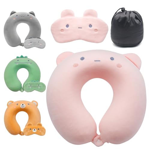 Lookka Almohada de Vaje, Bonita Almohada de Cuello para Niños, Almohada de Espuma Viscoelástica Parael Cuello (Funda Lavable) con Bonita Máscara para Dormir Enel Avión, Reposacabezas de Viaje