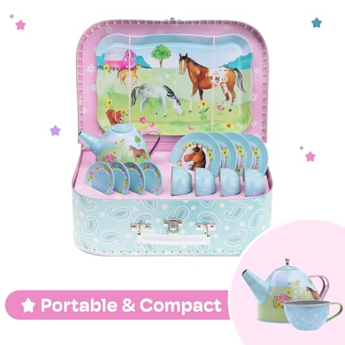 image for Jewelkeeper 15 Pcs Tea Set for Girls - Horse-Themed Pretend Play Tin T
