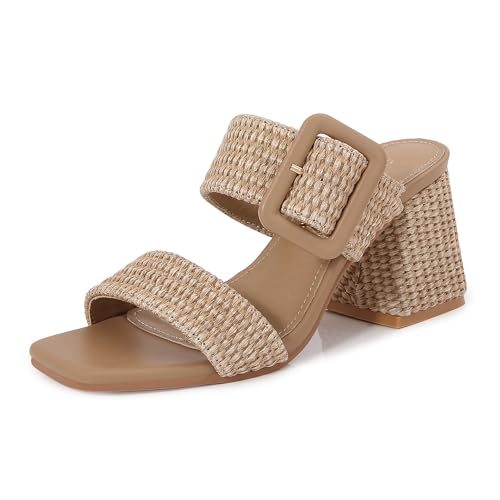 Image of Women's Raffia Slide Sandals Square Open Toe Heeled Sandals Two Strap Mules Slip On Block Chunky Heels Sandals for Women