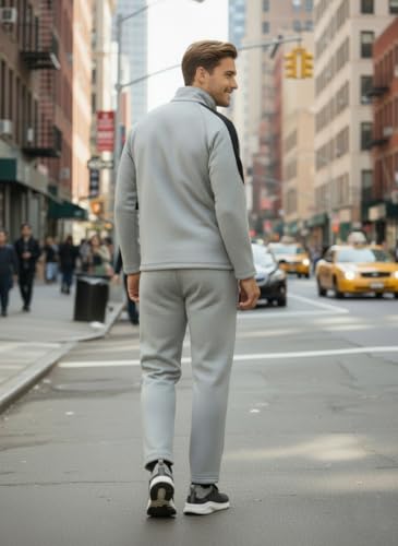 Image of CHKOKKO Men's High Neck Winter Tracksuit Set with Full-Zipper Upper & Elasticated Waist Jogger Pants | Warm Soft Solid Activewear for Gym, Running & Casual Use LGTGREYBLK M