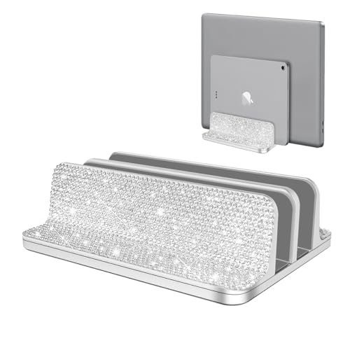 Erolagomat Bling Vertical Laptop Stand, Double Desktop Stand Holder with Adjustable Dock (Up to 17.3 inch),Compatible with All MacBook/Surface/Samsung/HP/Dell/Chrome Book (Silver Glitter Rhinestones)