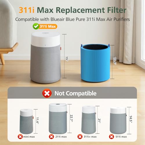 Image of 2 Pack 311i Max A11ergenBlock Replacement Filter Compatible with Blueair Blue Pure 311i Max Air Purifiers, HEPA and Activated Carbon Filter, Blue Pure F3MAX