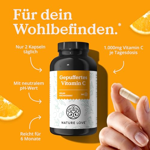 NATURE LOVE® Gepuffertes Vitamin C - Hochdosiert mit 1000mg Vitamin C je Tagesdosis - 365 Kapseln - pH-neutral & gut verträglich - Vegan 5