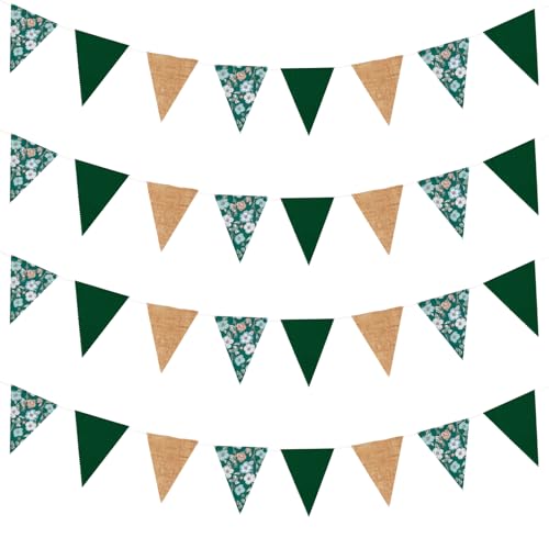 Image of Zwiebeco 39Ft Dark Green Floral Fabric Pennant Banner Vintage Burlap Triangle Flag Retro Flower Bunting Party Decoration for Birthday Engagement Wedding Bridal Baby Shower Rustic Village Garden Decor