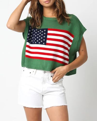 Image of Womens American Flag Sweater Cap Sleeve Summer Crop Tops Crew Neck Loose Fit Knit Sweater Pullover Top