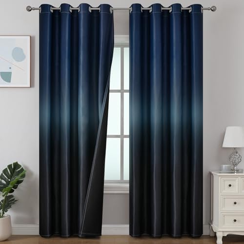 Ombre Black and Navy Blue Blackout Curtains for Bedroom 52x96 Long 2 Panels